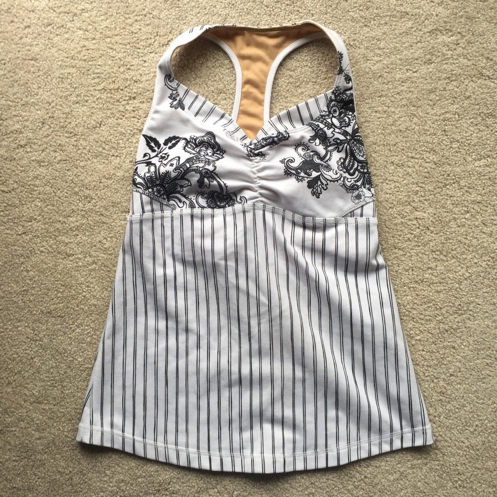 Lululemon White Striped Floral Tank